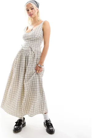 COLLUSION Tie detailed smock midi dress in camel check