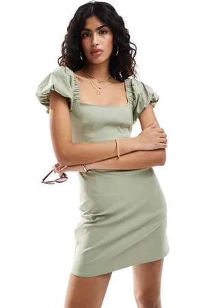 Stradivarius Puff sleeve mini dress in khaki