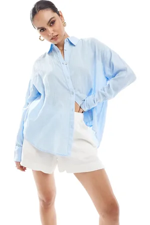 Pull&Bear Oversized long sleeve linen shirt in pale