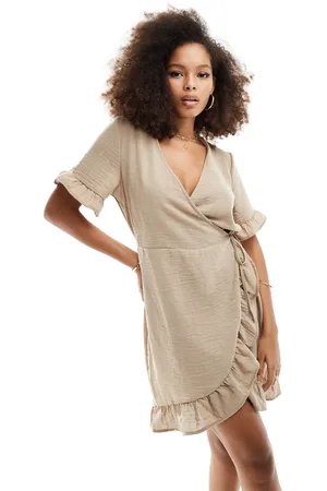 VERO MODA Wrap dress with frill detail in stone