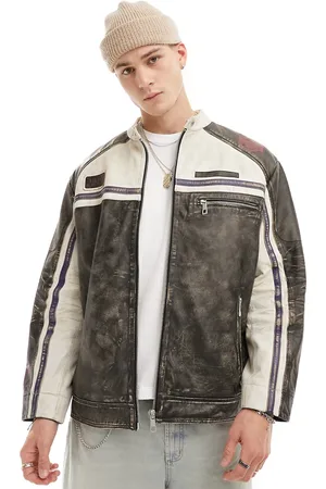 ASOS Real leather motocross jacket with badges in washed