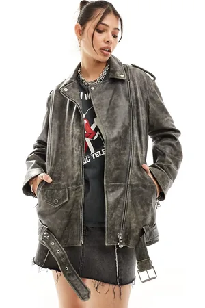ASOS Washed distressed leather biker jacket in black