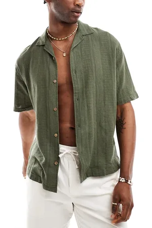 Pull&Bear Textured revere neck shirt in khaki
