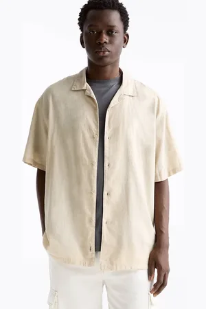 Pull&Bear Linen look revere neck shirt in sand
