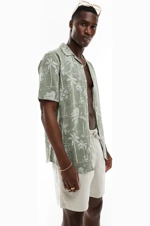 Only & Sons Revere collar linen mix shirt in sage Hawaiian print