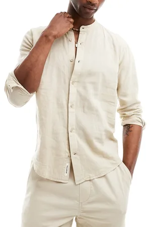 Pull&Bear Linen look long sleeve grandad neck shirt in sand