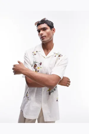 Topman Short sleeve floral embroidered dobby shirt in white