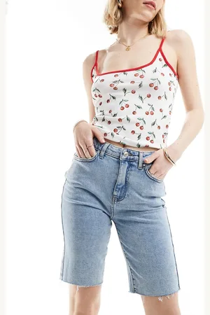 ONLY Emily high waisted raw hem longline denim short in light wash