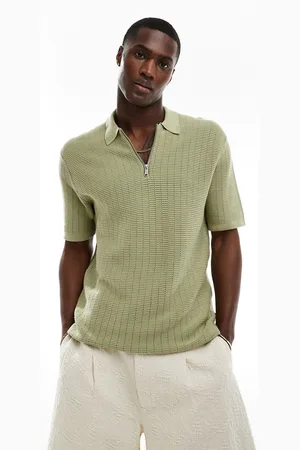 Only & Sons Half zip open knit polo in sage