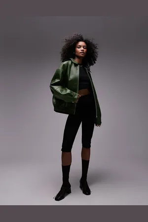 Topshop Faux leather centre front zip bomber jacket in