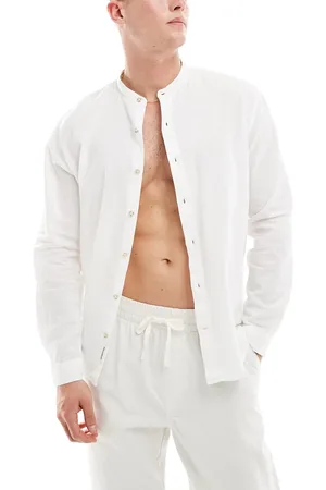 Pull&Bear Linen look long sleeve grandad neck shirt in ecru