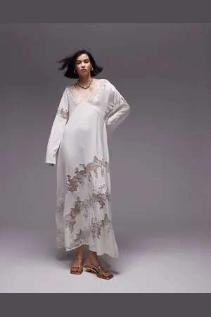 Topshop Premium lace insert v neck maxi dress in ivory