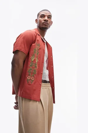 Topman Short sleeve relaxed embroidered floral shirt in rust