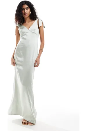 Pretty Lavish Bridesmaid Piper satin tie shoulder maxi dress in sage
