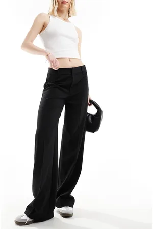 Pull&Bear Wide leg pinstriped tailored trouser with contrast edge in black