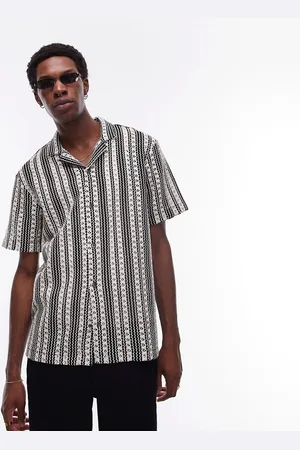 Topman Short sleeve relaxed crochet stripe shirt in and white