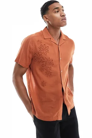 ASOS Short sleeve relaxed revere shirt with embroidery in rust brown