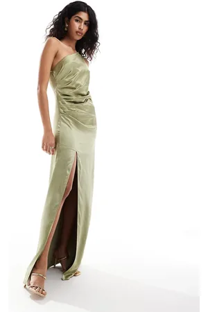 Pretty Lavish Bridesmaid ruched one shoulder satin maxi dress in olive