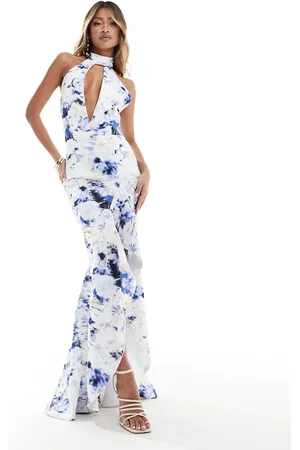 True Violet Plunge halter high low dress in floral