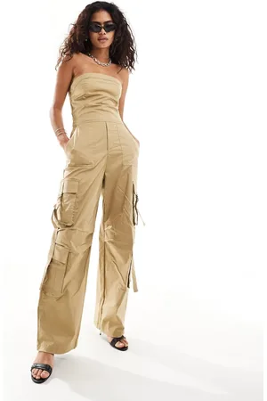 MANGO Utility bandeau jumpsuit in tan