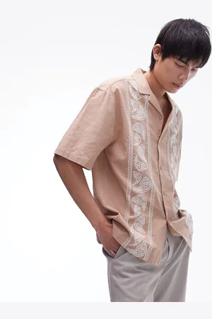 Topman Short sleeve relaxed embroidered paisley shirt in stone