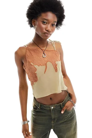 COLLUSION Sheer asymmetric cami top with lace detail in