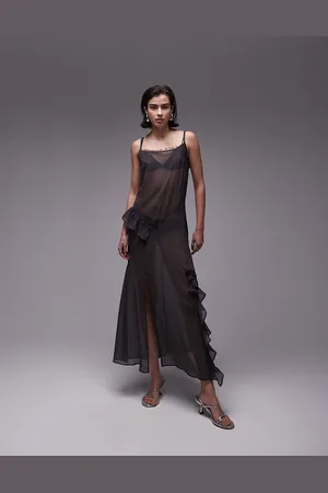 Topshop Maxi sheer dress with frills in charcoal