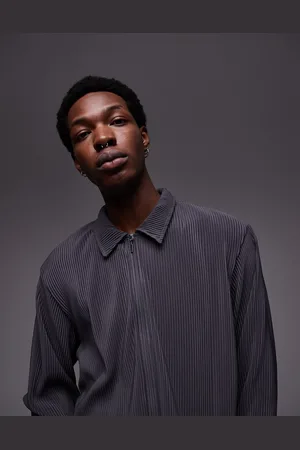 Topman Oversized fit long sleeve zip through polo with plisse in charcoal