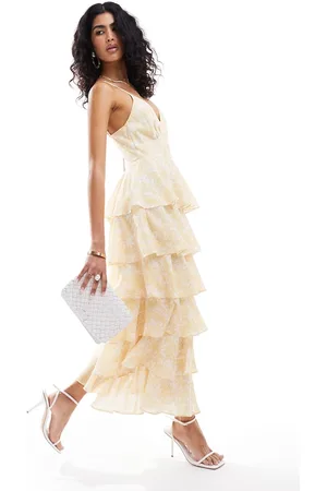 Pretty Lavish Tiered ruffle midaxi dress in lemon ditsy floral