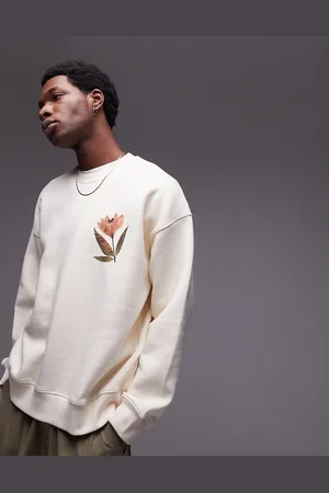 Topman Oversized fit sweatshirt with front and back pressed flower in ecru