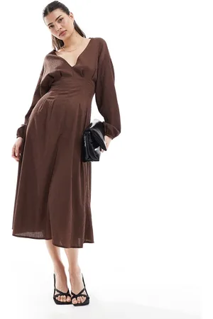 ASOS Textured balloon sleeve midi dress in chocolate