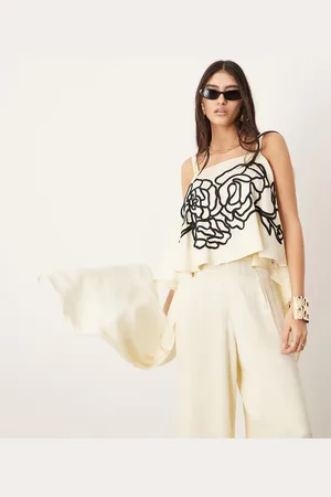 ASOS Linear floral embroidered open back square cut top co-ord in cream