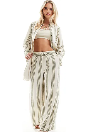 JDY Wide leg linen mix trouser co-ord in sage and white stripe