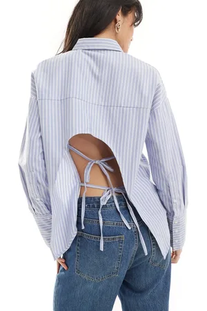 Pimkie Double tie open tie back shirt in blue and white stripe