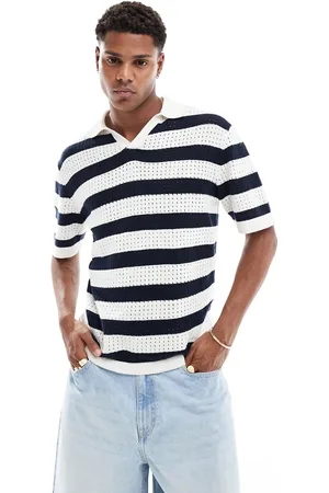 SELECTED Revere collar crochet polo in navy stripe