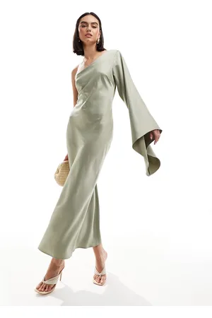 New Look One shoulder long sleeved satin dress in light khaki