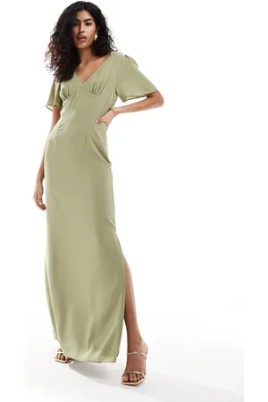 Pretty Lavish Bridesmaid flutter sleeve chiffon maxi dress in olive