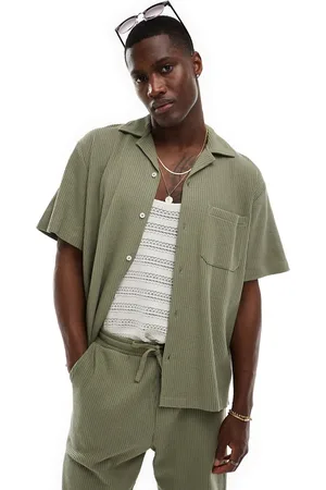 SELECTED Co-ord boxy revere collar waffle shirt in khaki