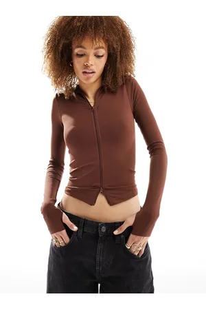 ASOS Seamless sculpting long sleeve zip through top in chocolate