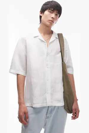 Topman Short sleeve relaxed linen mix geo shirt in light
