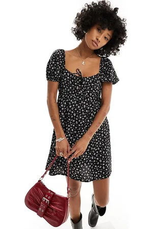 Monki Mini dress with puff sleeves and ruche back detail in