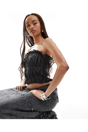 COLLUSION Cotton crinkle bandeau co-ord with tie detail in washed charcoal