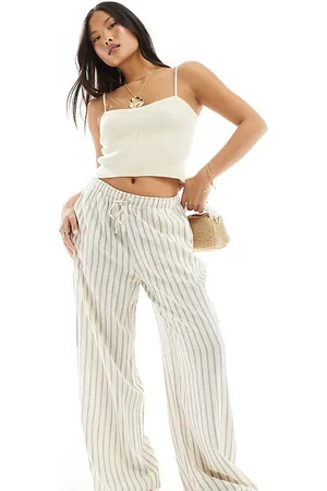 Stradivarius Petite linen look pull on trouser in beige stripe