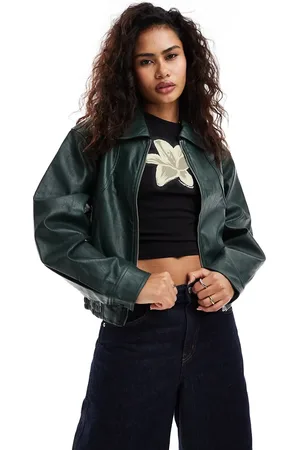 Moon River Short leather bomber jacket with collar in dark