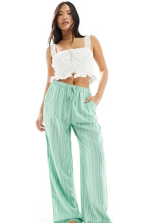 Stradivarius Petite linen look pull on trouser in stripe