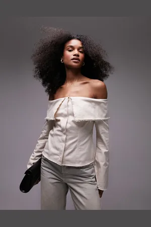 Topshop Heavy twill bardot off the shoulder top in cream