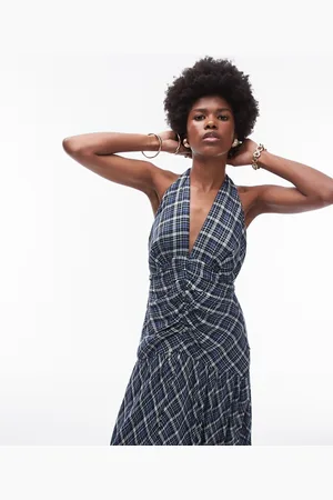 Topshop Halterneck ruched front textured maxi dress in check