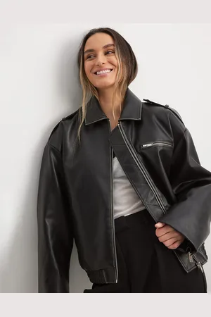 NA-KD Washed faux leather bomber jacket in