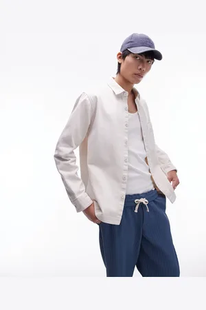Topman Long sleeve button through twill overshirt in ecru