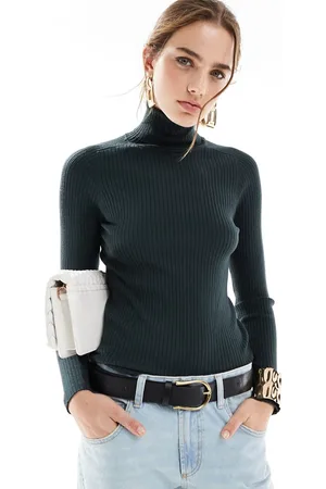 MANGO Ribbed detail turtle neck top in dark